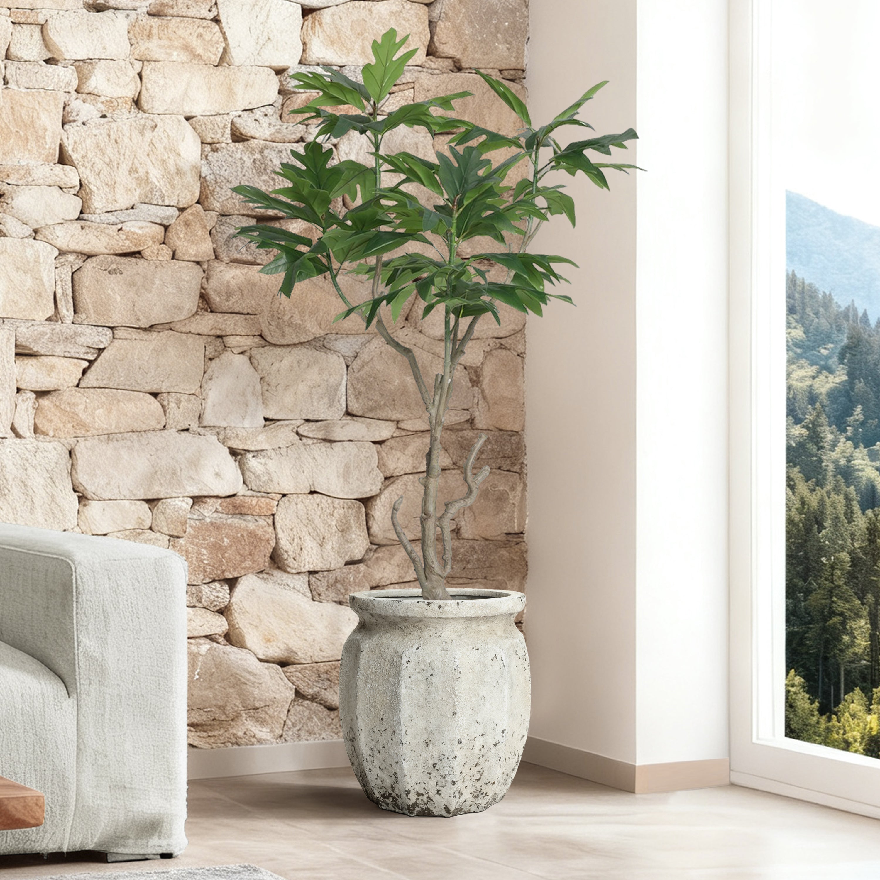 Linden Tall Stone-Effect MgO Planter, Rustic White, 18.5"