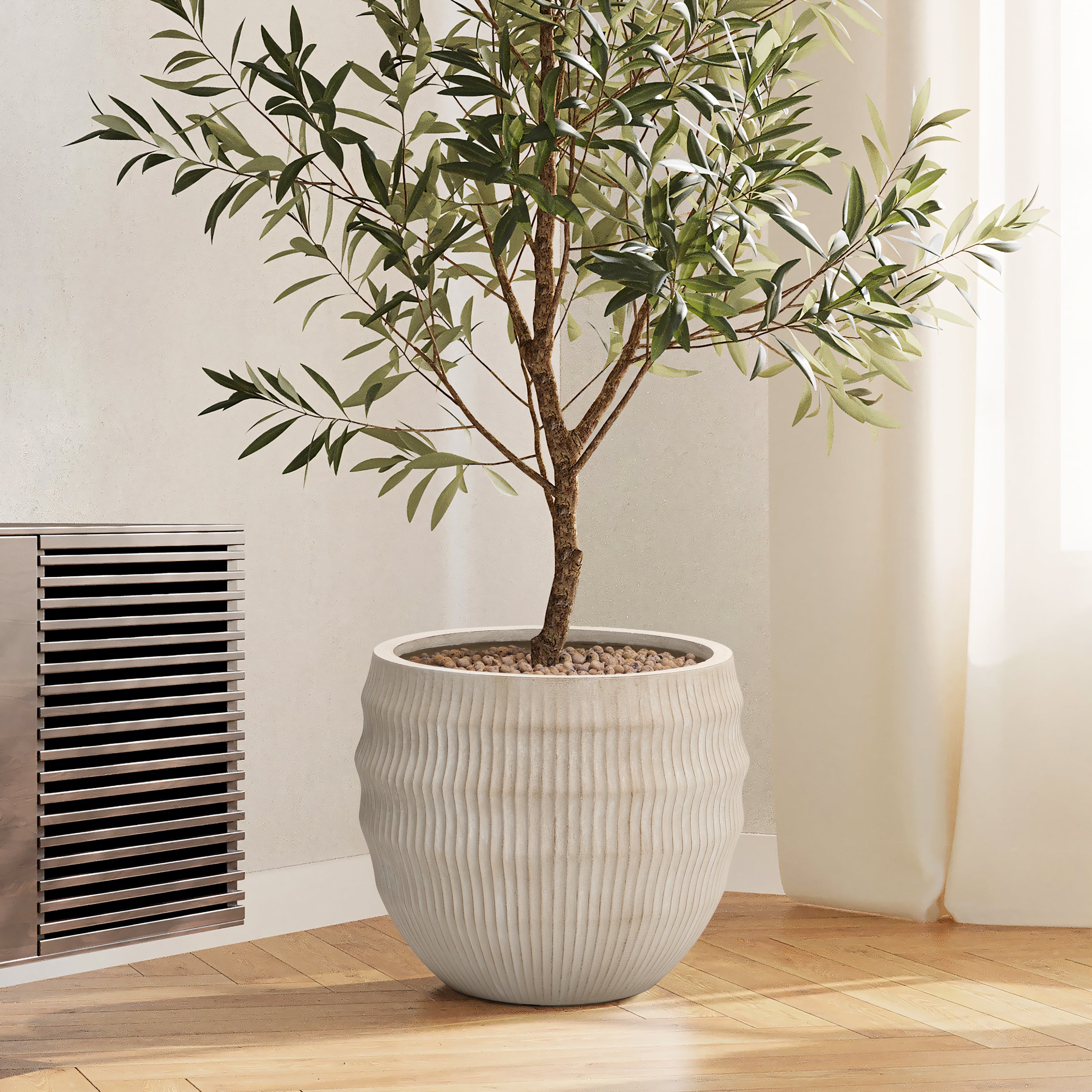 Canyon Round Fluted MgO Planter, Beige, 15"