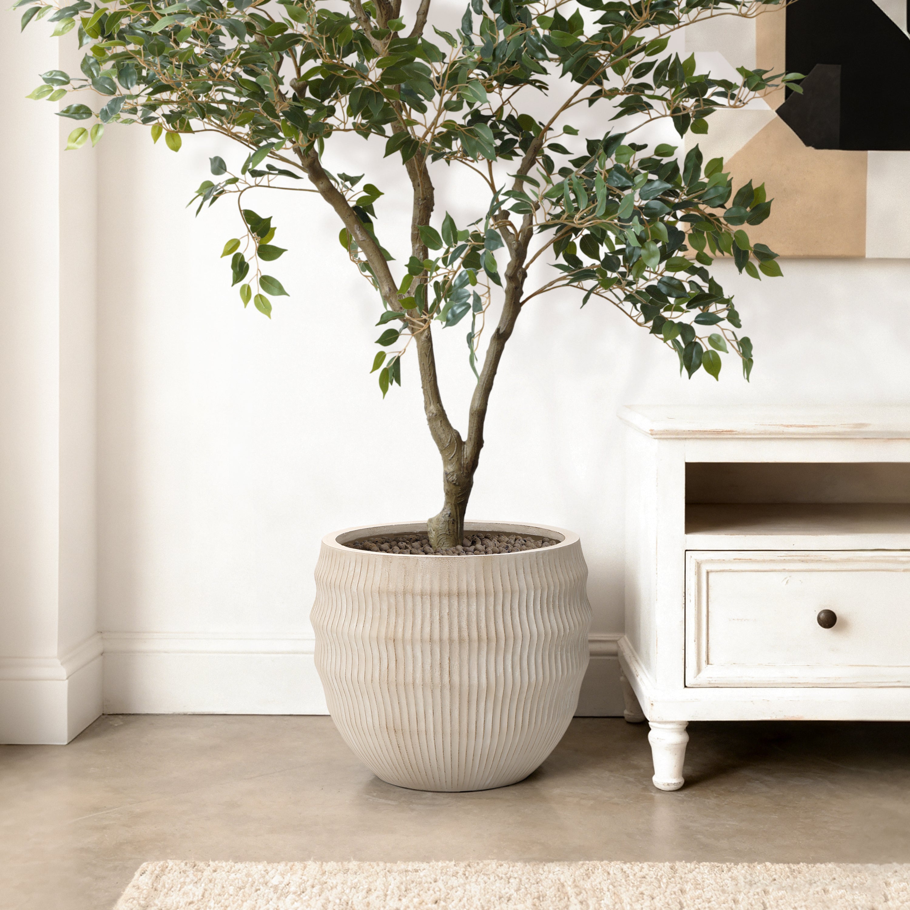 Canyon Round Fluted MgO Planter, Beige, 15"