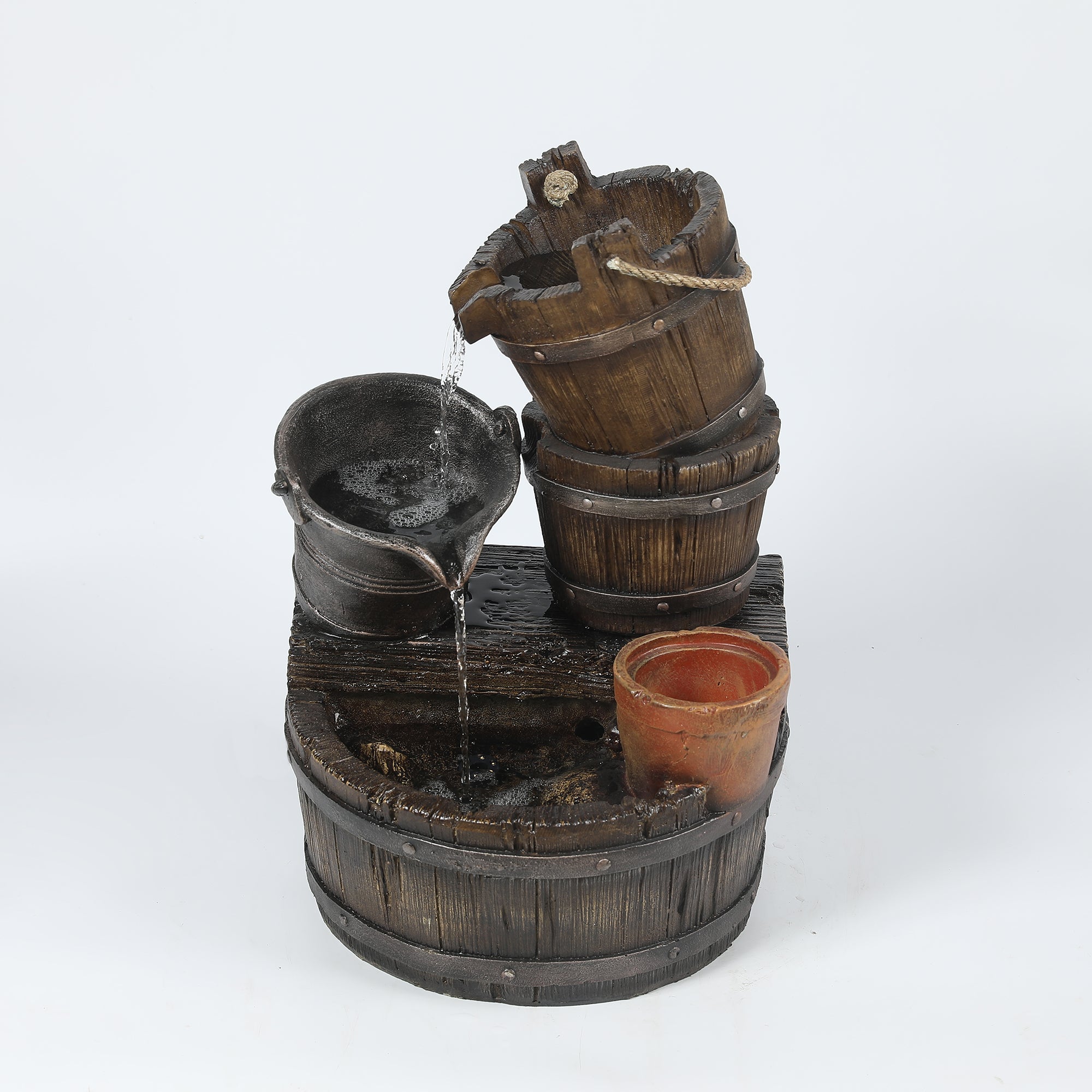 Resin Whiskey Barrel Patio Fountain with Planter and LED Lights