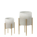 Set of 2 Gray and White Metal Cachepot Planters with Gold Metal Stands