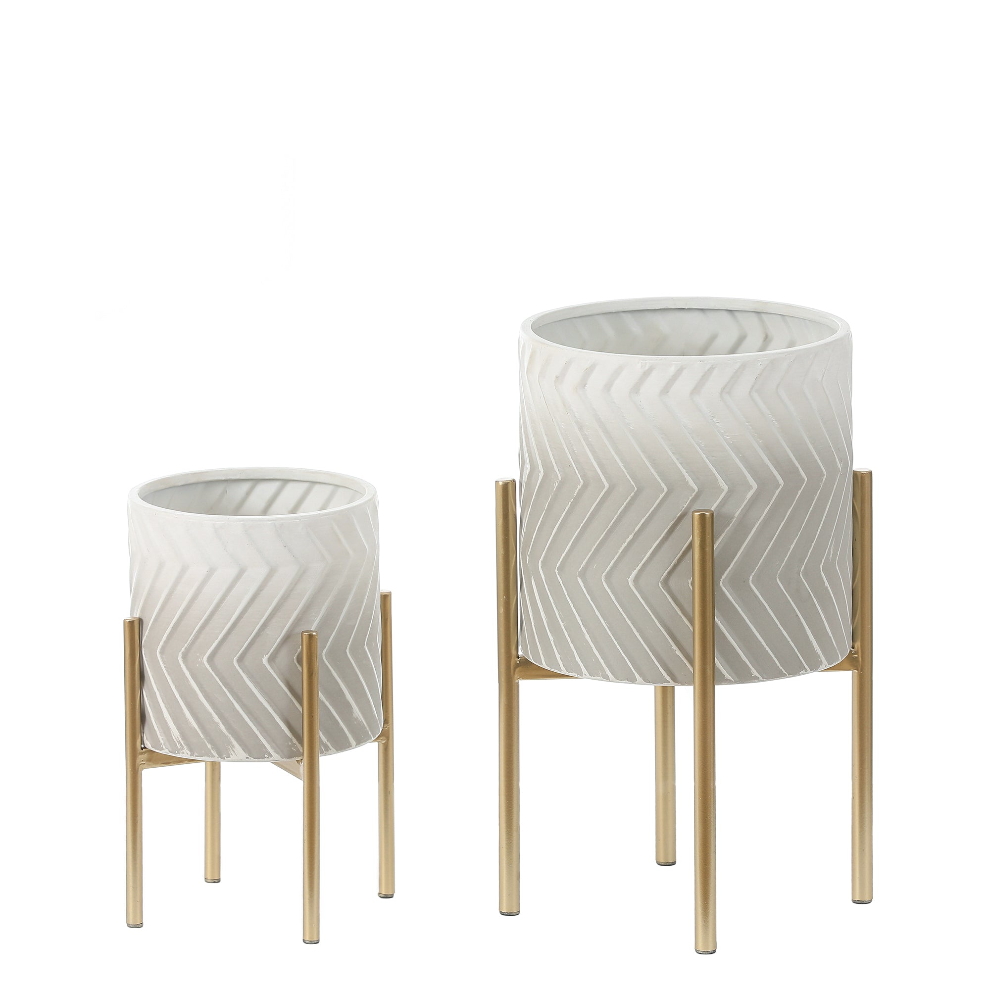 Set of 2 Gray and White Metal Cachepot Planters with Gold Metal Stands
