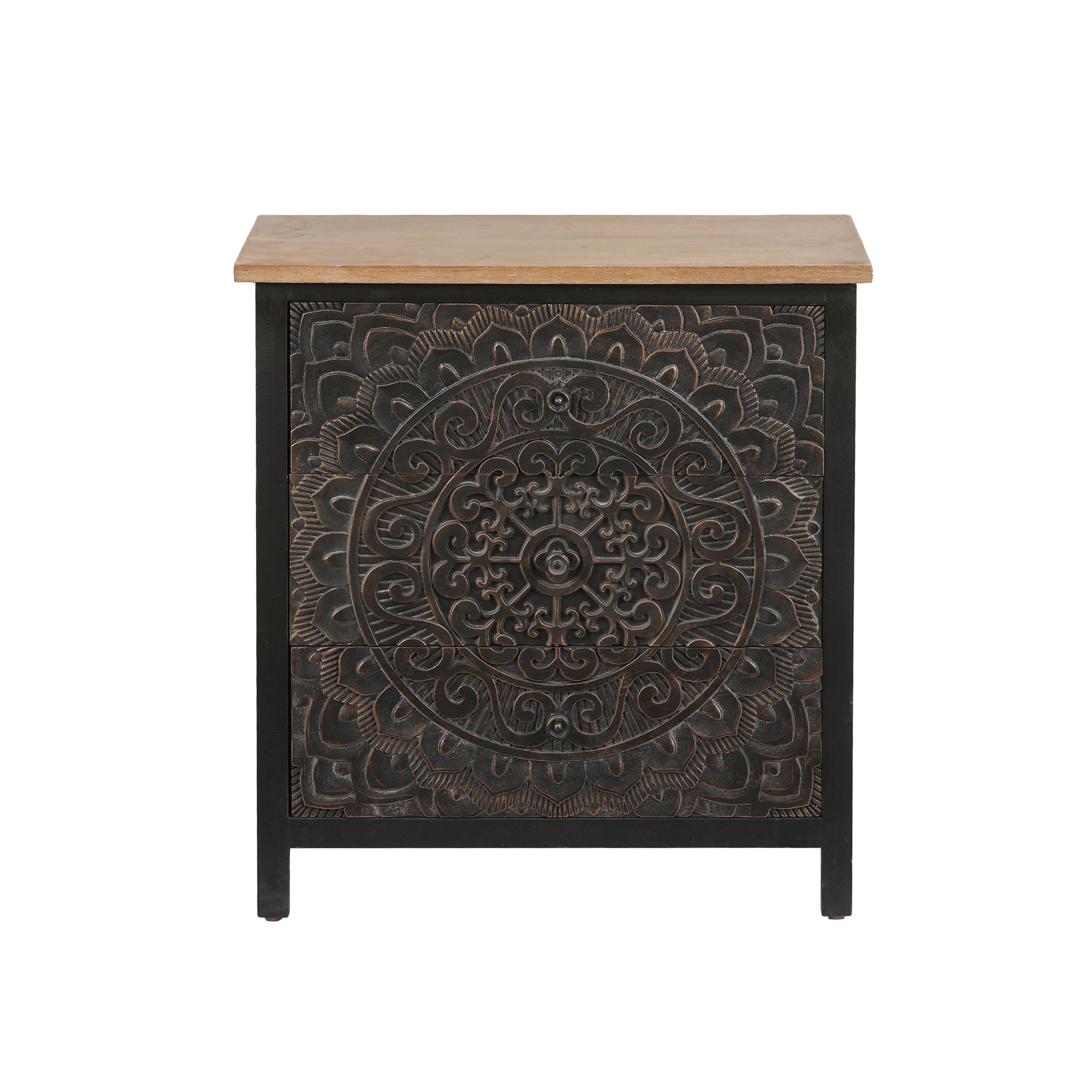 3-Drawer 30.25" H x 28.2" W Black and Gold Wood Carved Floral Accent Chest