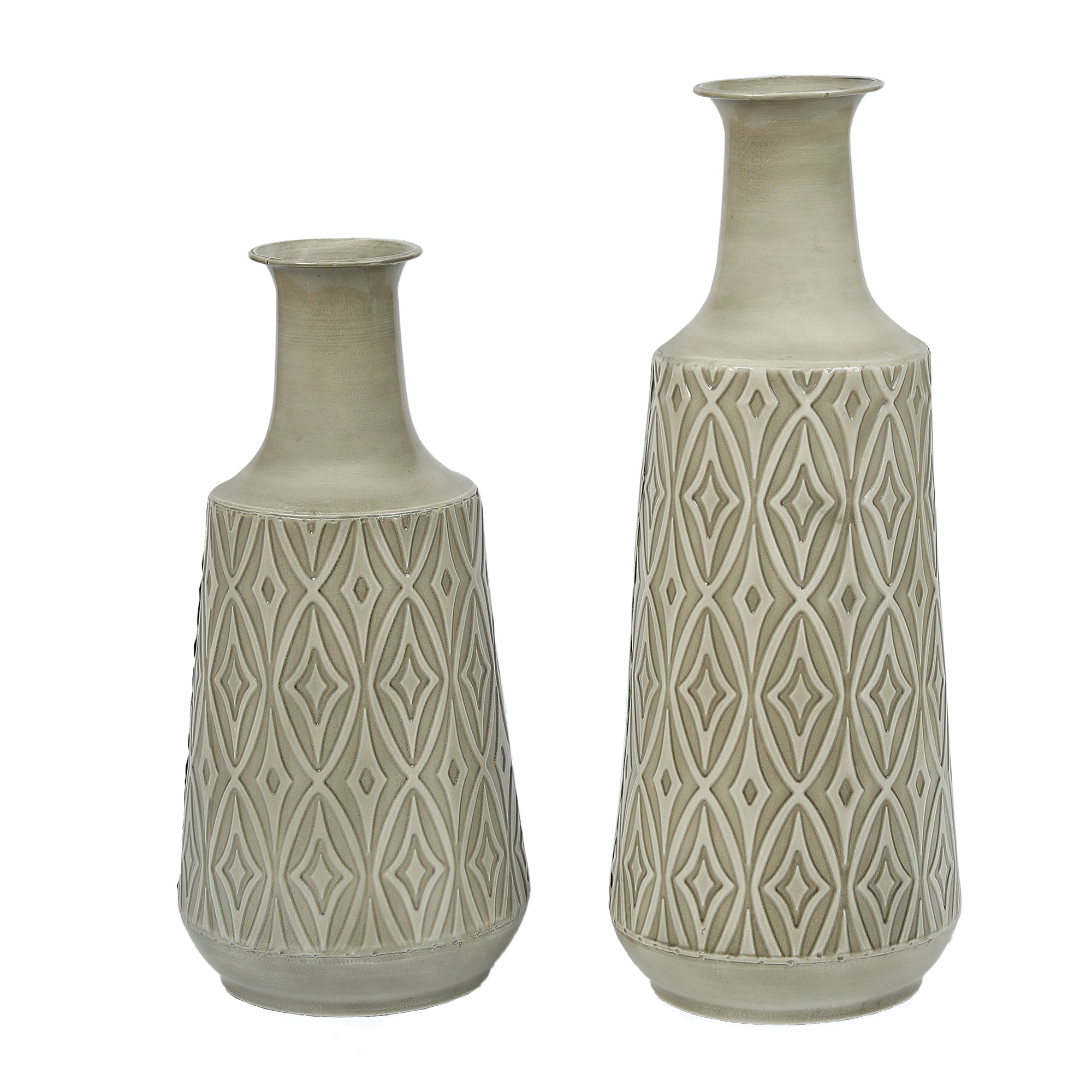 Set of 2 Vintage Gray and Green Metal Bottle Vases, Tabletop Decoration