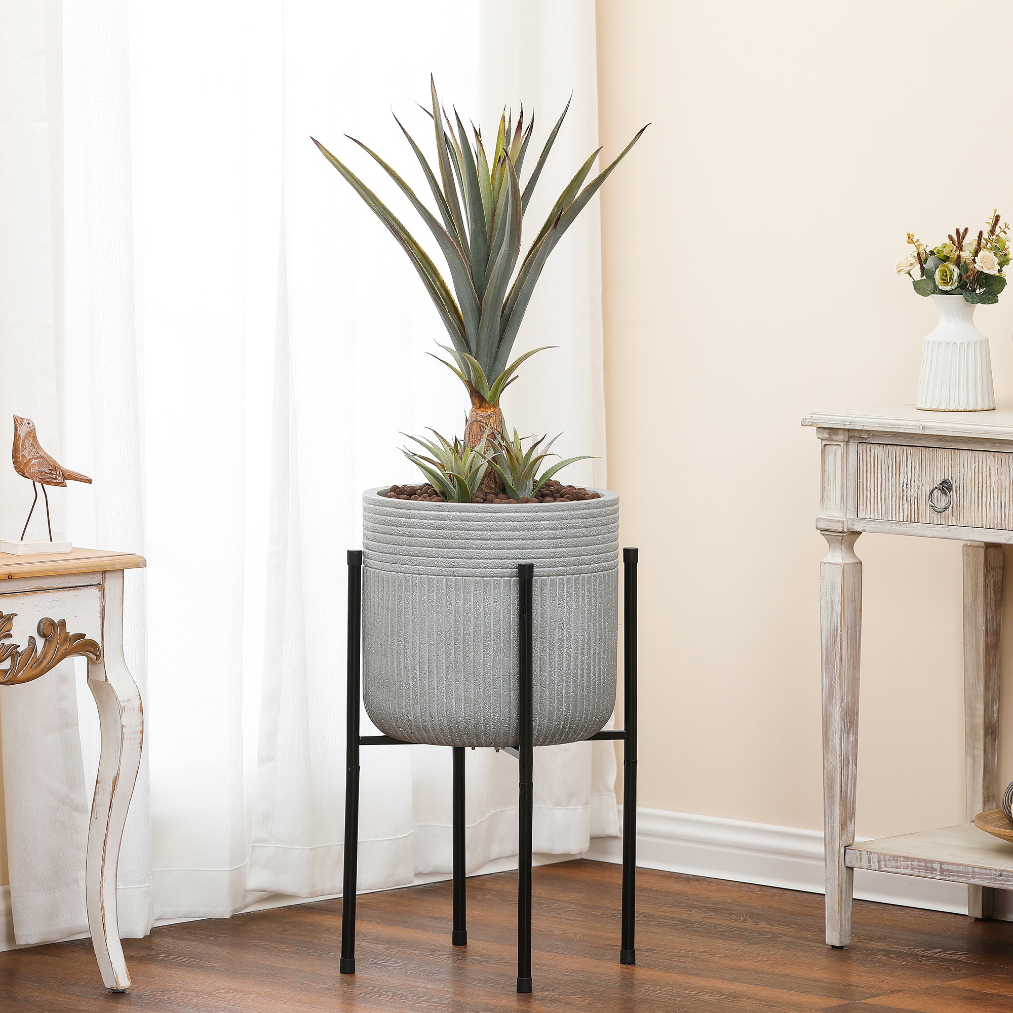 Gray MgO 14.6" Round Planter with Black Metal Stand