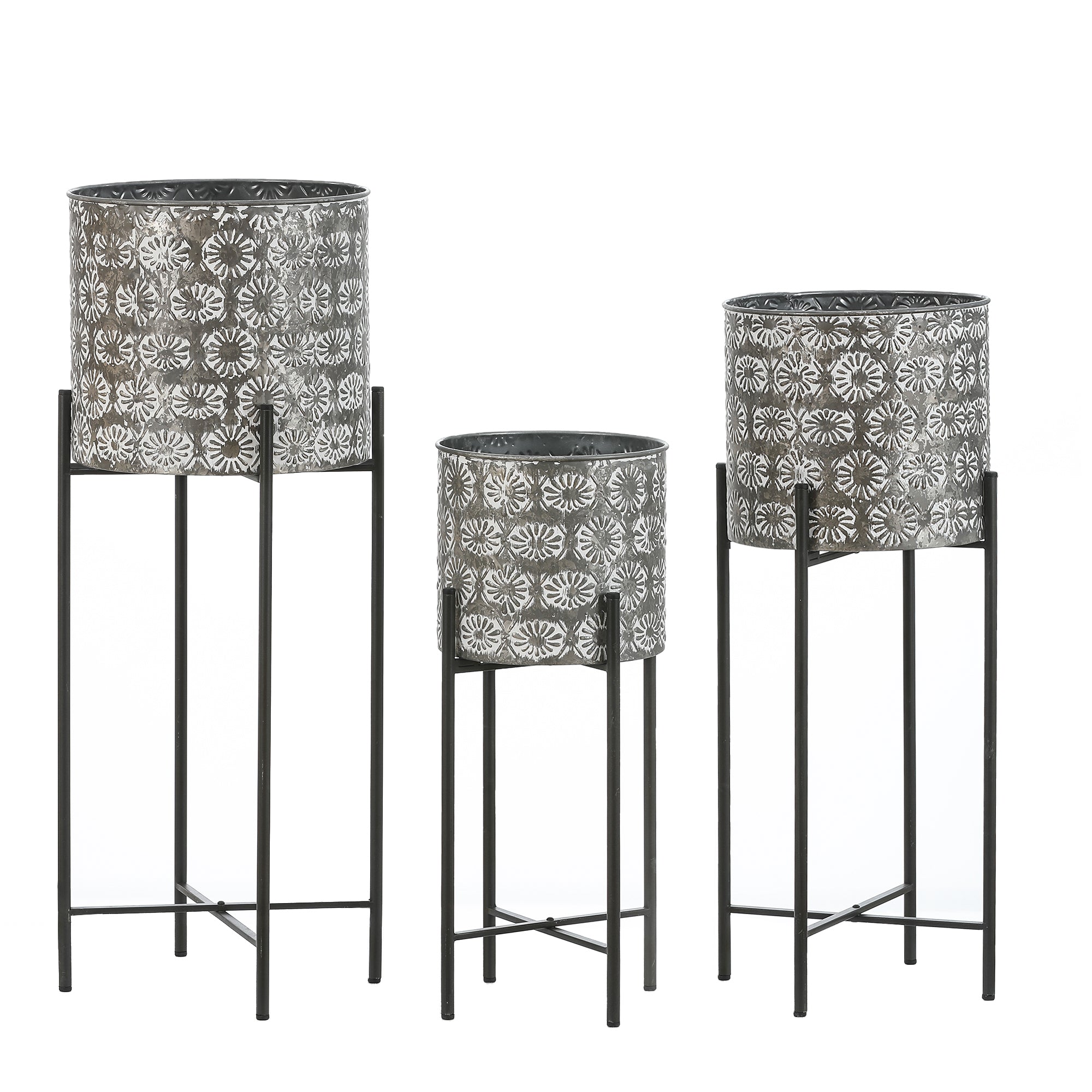 Set of 3 Gray and White Floral Metal Cachepot Planters with Black Stands