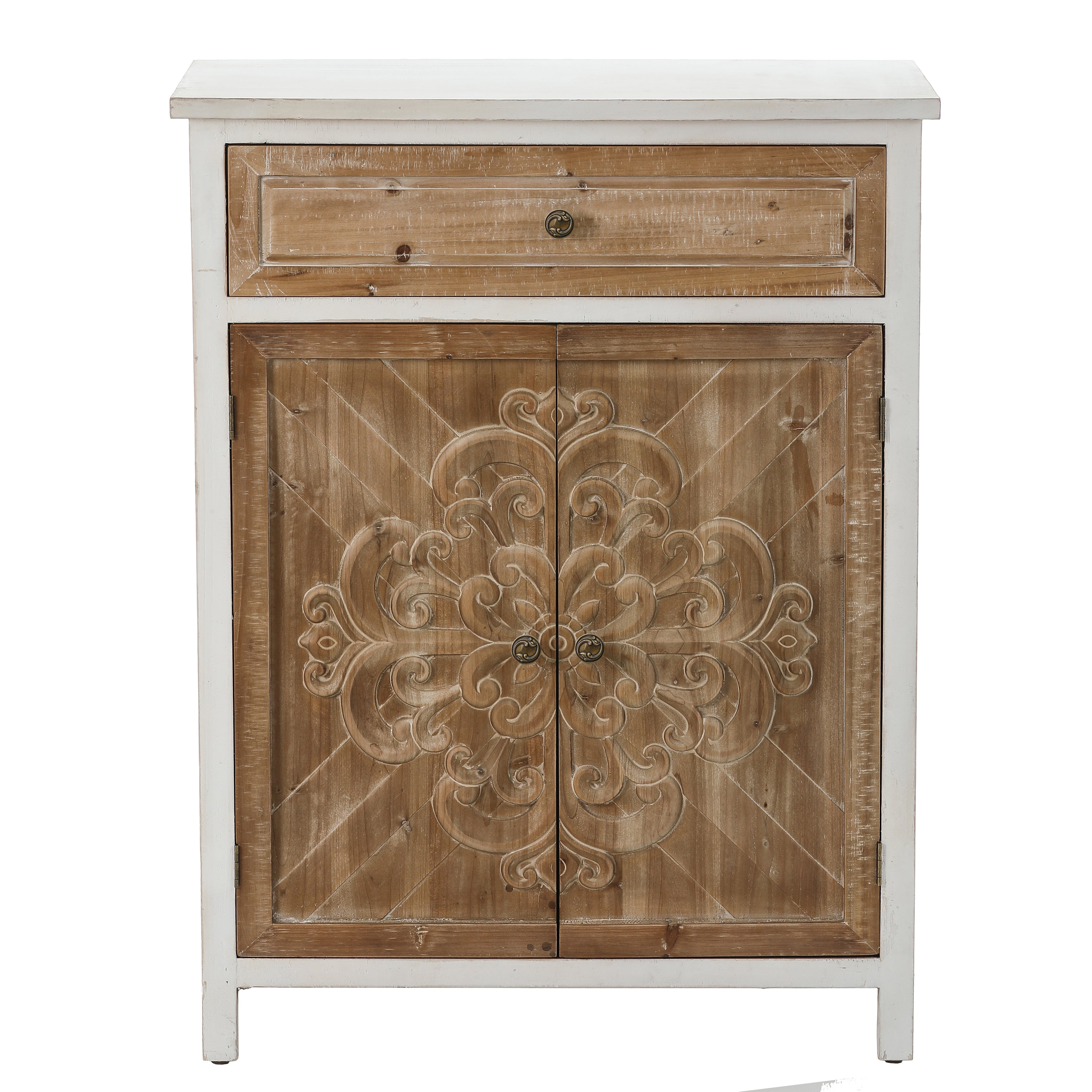 Natural and White Wood 1-Drawer 2-Door Storage Cabinet
