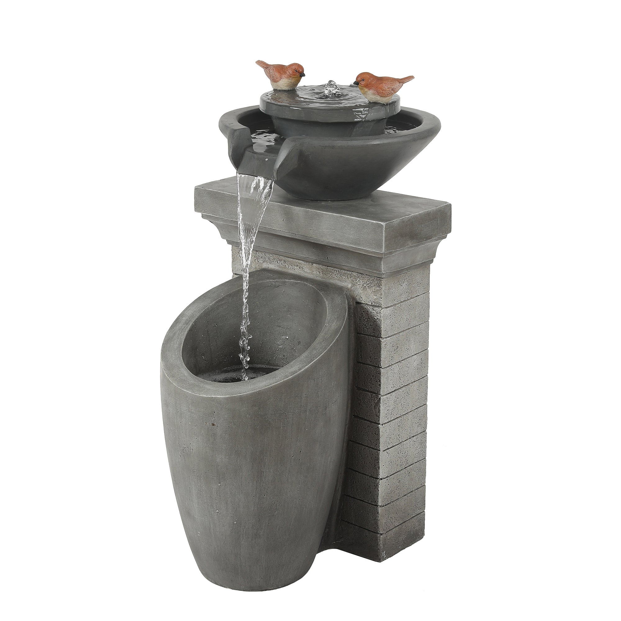 Cement Modern Column and Bowls Outdoor Fountain with LED Light