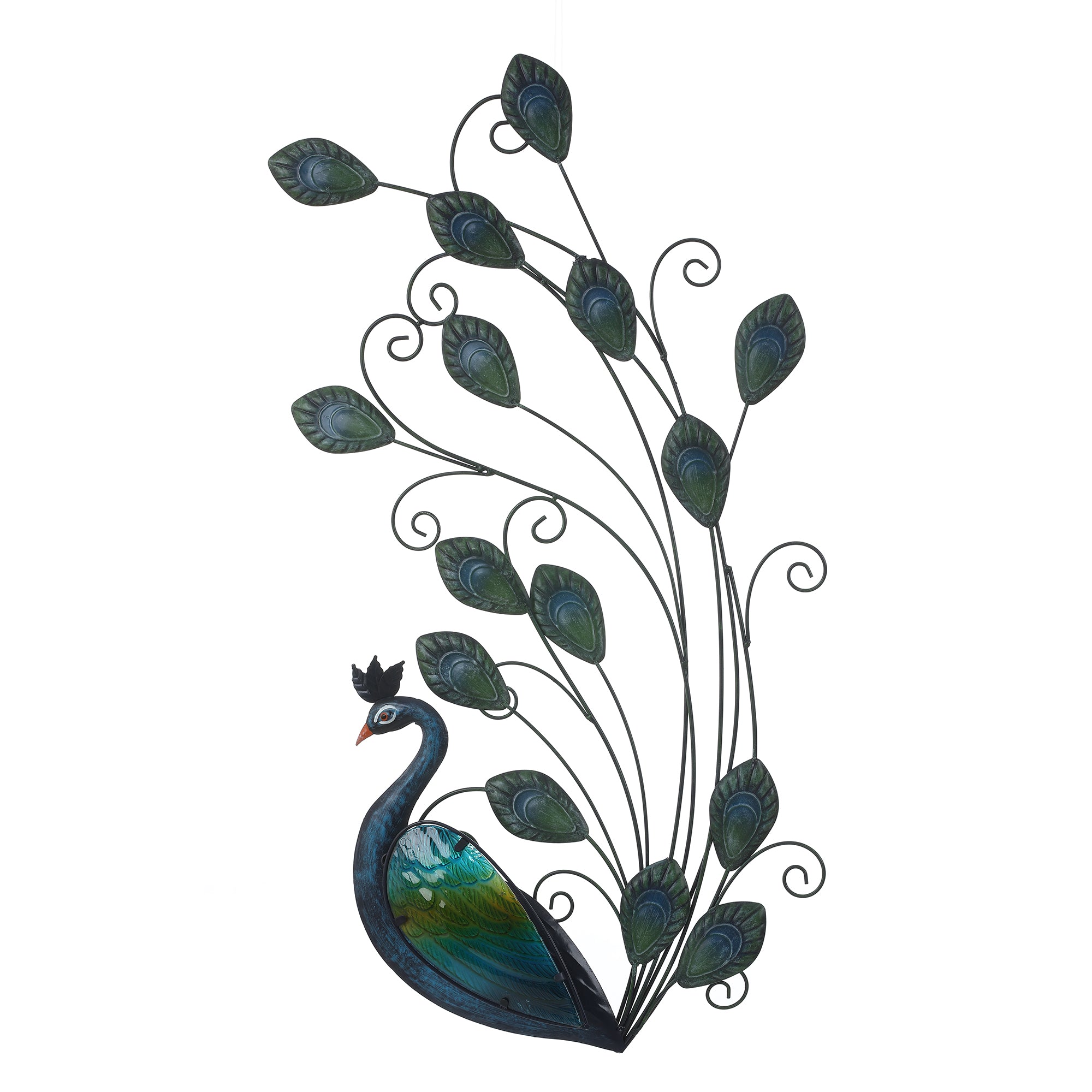 Blue and Green Peacock Metal and Glass Wall Decor, Indoor and Outdoor Decoration