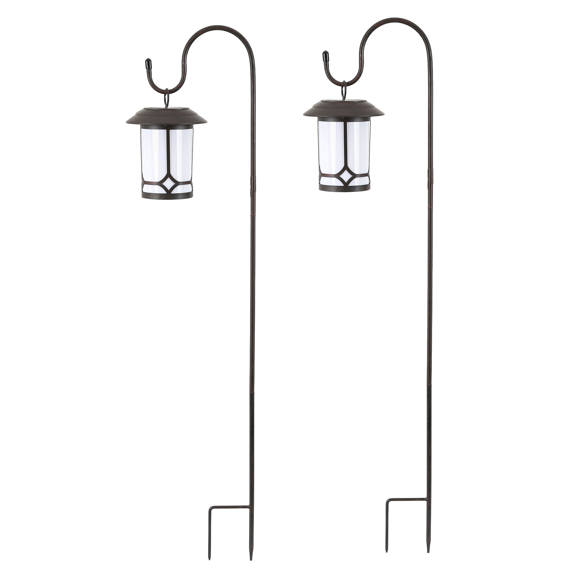 Set of 2 Brown/White Solar Plastic Lanterns with Metal Shepherd Hooks